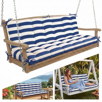 Oxford Fabric Swing Cushions with Backrest & Tie Straps for Patio Bench - color: Navy-white Stripe