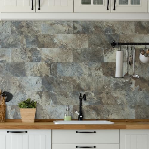 AULIGET 20-Piece Beige & Brown Slate Peel and Stick Backsplash Wall Tiles, 6" x 12" PVC Faux Stone Stick on Tiles Backsplash Kitchen - color: Beige & Brown Slate, size: 20 Sheets, 6"x12"x0.12"
