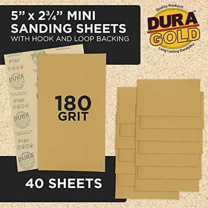 Dura-Gold Premium 5" x 2.75" Gold Sandpaper Sheets, 180 Grit (Box of 40) - style: 180 Grit
