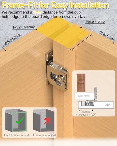 Onemake 20 Pack 1-1/2" Overlay Face Frame Soft Close Cabinet Hinges, 105° Concealed Hinge, Smooth Slow Self Closing, 3D Adjustable, Hidden Hardware Replacement for Kitchen, Wardrobe, Cupboard Door - size: 1-1/2"
