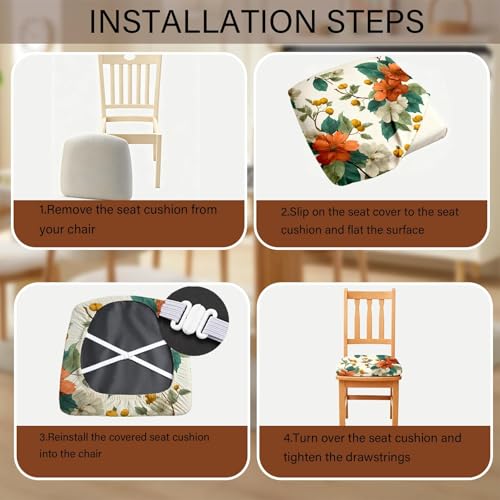 Chair Seat Covers - Waterproof Stretch Printed Dining Room Chair Cover with Elastic Ties Removable Washable Dining Upholstered Chairs Protector (White, Four-piece Set) - color: White, size: Four-piece set