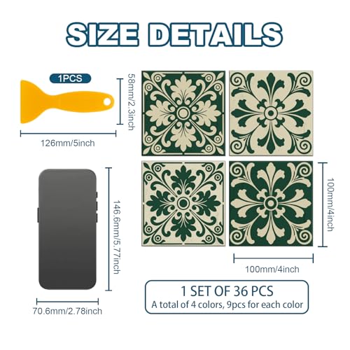 36 Pcs 4 Styles Retro Bohemian Patten Tile Sticker Green Patten Wall Tile Stickers Waterproof Self Adhesive Stick on Decals for Kitchen Bathroom Wall Art 4×4 Inch - color: Colorful