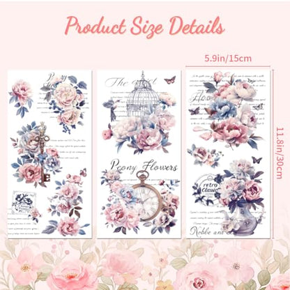 Peacoblue Vintage Peonies Rub On Transfers for Furniture Craft 6"x12" - style: Vintage Peonies