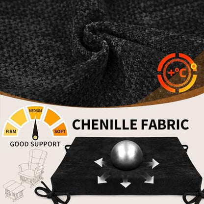 5 PCS Glider Rocker Replacement Cushions with Storage Side Pocket, Luxuriy Chenille Fabric Foam & Microfiber Filling, Thickened & Supportive Rocking Chair Cushion Set, Black - color: Black
