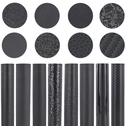 8 Pack 12.99 x 7.87 Inch PU Leather Glitter Metallic Fabric Roll for Bow Earring Mixed Chunky Black Series Faux Leather Sheets 8 Styles Solid Shiny Vinyl Leatherette for DIY Crafts Sewing - color: Black 1
