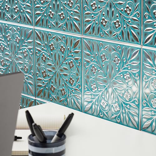 Peel and Stick Metal Tiles, Teal & Silver Leaves, 10-Pack - style: Teal and Silver Leaves