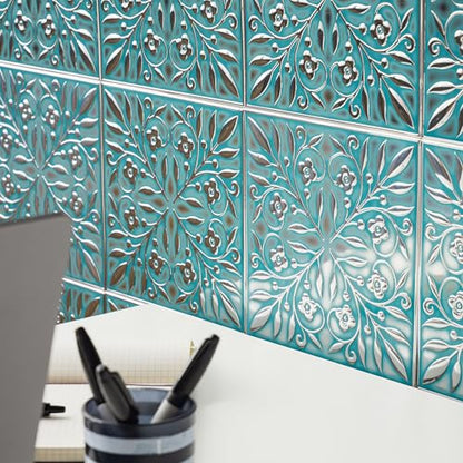 Peel and Stick Metal Tiles, Teal & Silver Leaves, 10-Pack - style: Teal and Silver Leaves