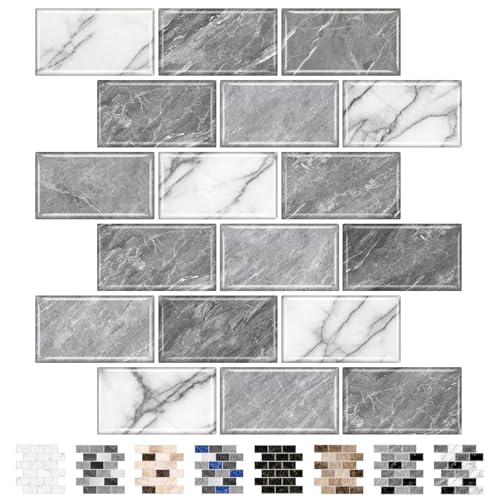 URCOLOR 10-Sheet Peel and Stick Backsplash Tile Sticker for Kitchen,12"x12" Self Adhesive Subway Wall Tiles Stick on Back Splashes for Bathroom White Gray Marble Design - color: White Gray Marble