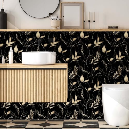 Dark Black and Gold Leaf Peel and Stick Wallpaper 17.7" x 70.8" - color: Black&Gold, size: 17.7" x 70.8"
