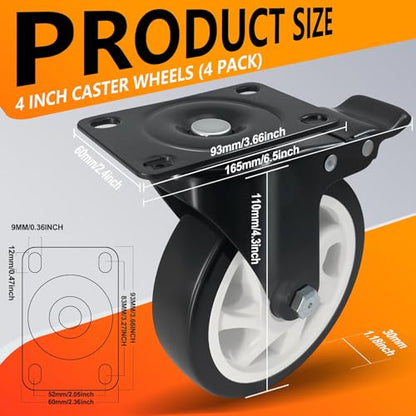 4" Heavy Duty Caster Wheel with Brake, Swivel Casters Set of 4 - color: Black, size: 4 IN