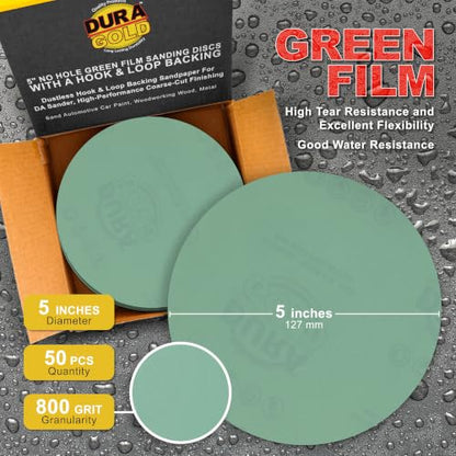 Dura-Gold 5" Green Film Sanding Discs, 800 Grit, Box of 50, Hook & Loop - size: 800-Grit
