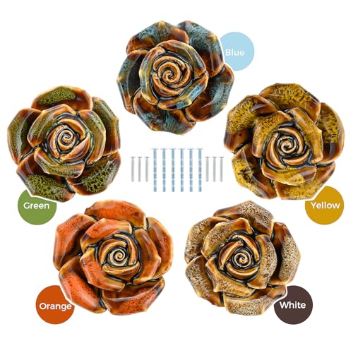 Yetaha 6 Pack Blue Retro Floral Ceramic Knobs Single Hole with Screws - color: Blue