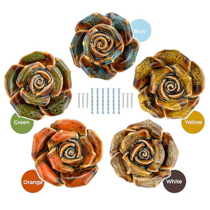 Yetaha 6 Pack Blue Retro Floral Ceramic Knobs Single Hole with Screws - color: Blue