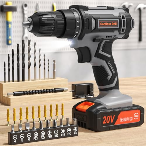 Cordless Drill Set, VIWKO 20V Power Drill with Power Pack 2.0Ah and Charger, 3/8-Inch Keyless Chuck Electric drill, 25+1 Position, 42pcs Drilldriver Bits/Screws for DIY Projects (Black Grey) - color: Black Grey