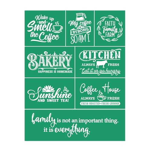 JAJADO Farmhouse Kitchen Silk Screen Stencil Reusable Self Adhesive Stencil, Coffee Quotes Homemade Bakery Farmhouse Sign Making Burning Stencils for Painting On Wood/Ceramic/Fabric Art Craft 8.5x11“ - color: 1pc Bakery Coffee Family 8.5x11in