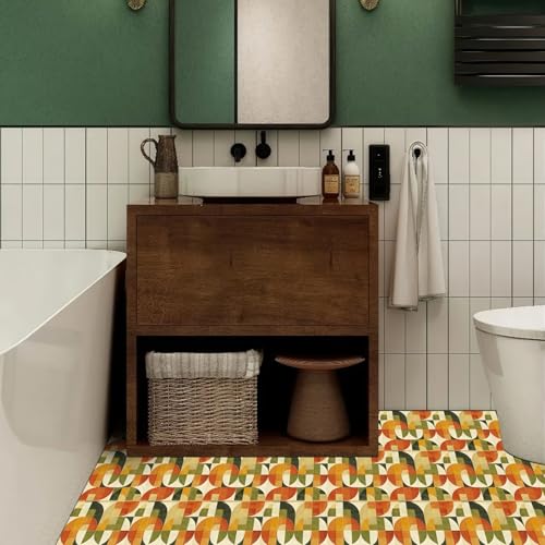 HOMETITUTE Green Retro Geometric Peel Stick Vinyl Floor Tile 12x12 Inch - style: Retro Abstract Geometric