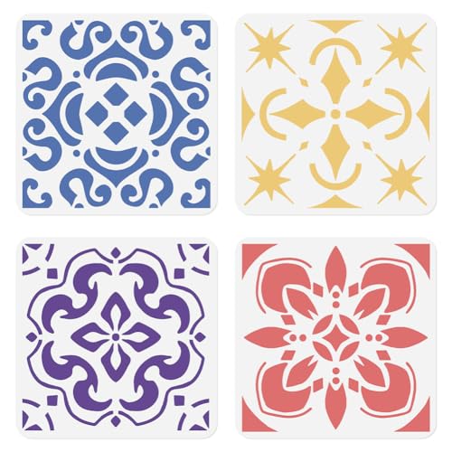 4Pcs Tile Stencil Template 11.8 x 11.8 Inch DIY Crafts Reusable Plastic Art Stencils for Painting on Walls Floors Fabric Furniture Glass - style: Tile Stencil B