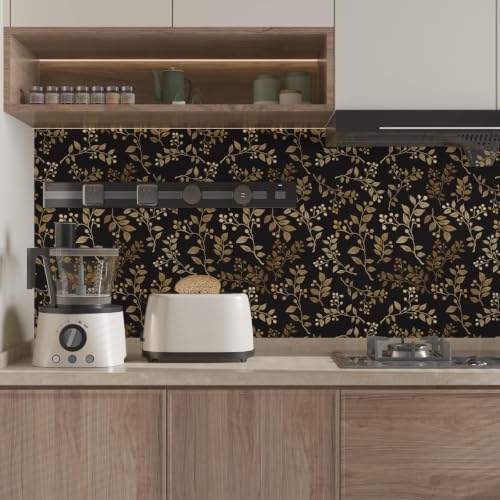 Black Gold Vine Leaf Floral Peel and Stick Wallpaper 17.5" x 118" - color: Black/Gold, size: 17.5" x 118"