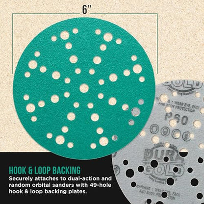 Dura-Gold 6" Green Film Sanding Discs, 10 Grit Assortment, 49-Hole Bx of 50 - style: Variety Pack