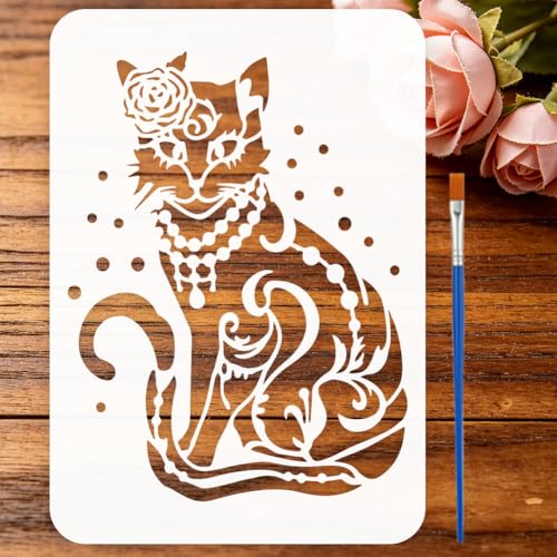 FINGERINSPIRE Flower Cat Stencils with a Brush 11.7x8.3Inch Beautiful Female Cat Painting Stencils Elegant Cat with Rose & Pearl Necklace Stencil Animal Themes PET Template for Wood Floor Wall DIY - color: Flower Cat