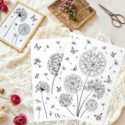 Joeyan Dandelion Rub on Transfers for Crafts and Furniture,Transfer Decals Stickers with Black Butterfly,2 Sheets Large DIY Craft for Fabric Wood Ceramic Glass Plastic,Furniture Decals for Home Office