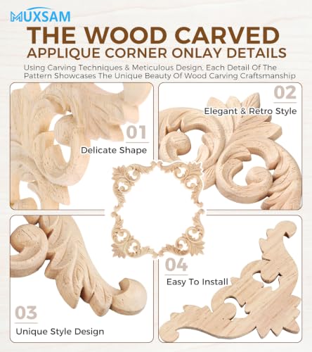 4Pcs Wood Carved Appliques Corner Wooden Carving Onlays Decals for Furniture - size: 5.91 x 5.91 inches