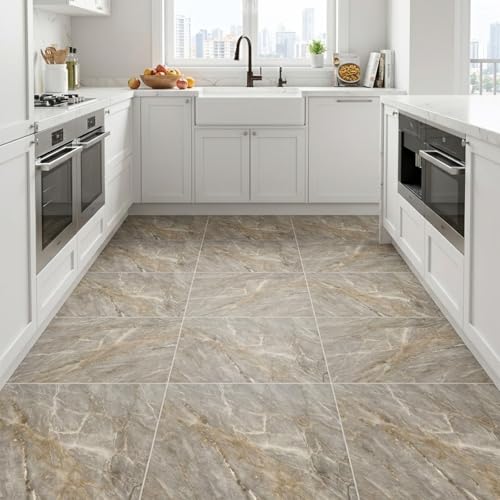 Peel and Stick Floor Tile 12 x 12 Inch Self Adhesive Marble Vinyl Flooring - color: Taupe Marble