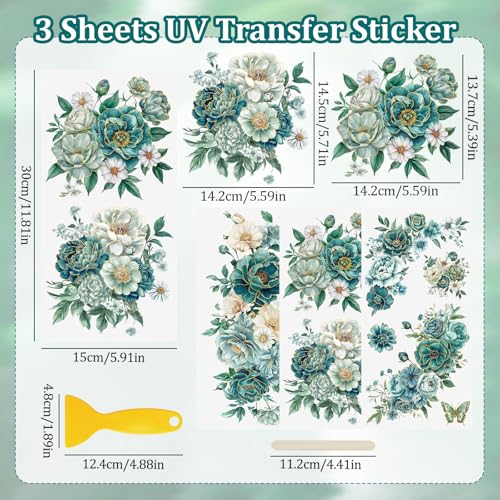 WANDIC 3 Sheets UV Rub on Transfer Stickers, Blue Green Hot Stamping Flowers Theme 3D Waterproof Decals for Cups Water Bottle Furniture, 15 * 30cm - color: Green Hot Stamping Flowers