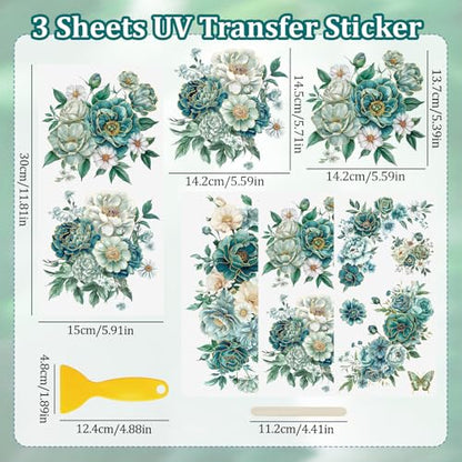 WANDIC 3 Sheets UV Rub on Transfer Stickers, Blue Green Hot Stamping Flowers Theme 3D Waterproof Decals for Cups Water Bottle Furniture, 15 * 30cm - color: Green Hot Stamping Flowers