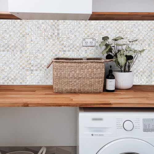 Peel and Stick Mother of Pearl Shell Backsplash Tiles, White & Natural - color: White + Natural