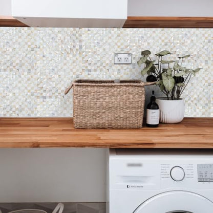 Peel and Stick Mother of Pearl Shell Backsplash Tiles, White & Natural - color: White + Natural