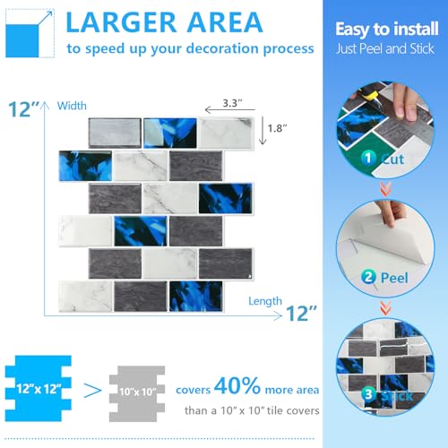 STICKGOO Subway Tile Peel and Stick Backsplash, Thicker Design 12" x 12" Stick on Backsplash Tiles for Kitchen, Bathroom, Wall Tile (10 Sheets, Blue Grey) - color: Blue Grey