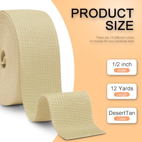 CooBigo 12 Yards Webbing 3/4" & 1" & 1.5" & 2" Polypropylene Webbing Strap 3/4 Inch 1 Inch 1.5 Inch 2 Inch Wide Webbing Strapping for Bags/Lawn Chair/Pool Solar Cover DIY Crafting - color: DesertTan, size: 1.5"- 12 Yards