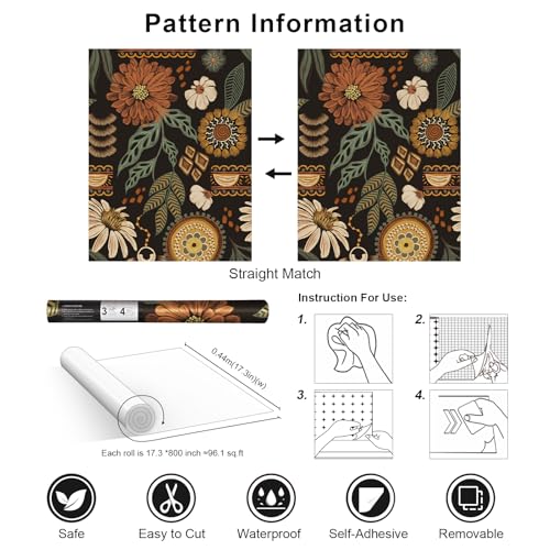 Simon&Siff Boho Floral Peel and Stick Wallpaper 17.3" x 800" - color: Bronze/Green, size: 17.3" x 800"
