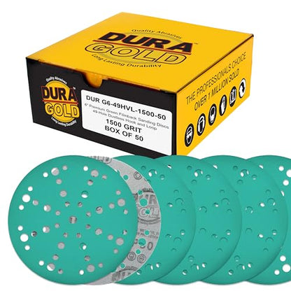 Dura-Gold 1500 Grit 6" Green Film Sanding Discs, 49-Hole Pattern, Box of 50 - style: 1500 Grit