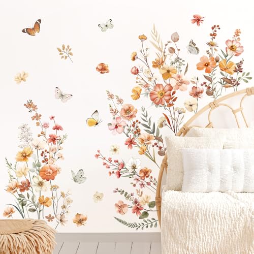 decalmile Boho Flower Garden Floral Butterflies Wall Decals Stickers - color: Wildflower
