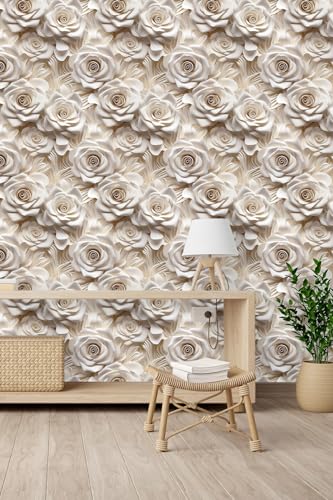 Peel and Stick Wallpaper Beige Rose Floral Accent - color: Cream&Light Brown, size: 17.7" x 118"