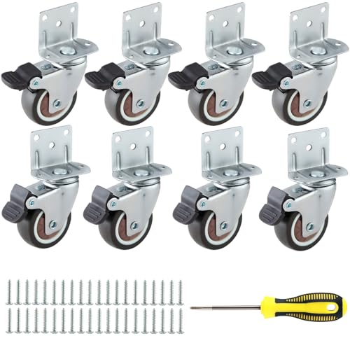 1 Inch Side Mount Caster Wheels Set of 8 L-Shaped Rubber Small Locking Swivel Caster Heavy-Duty Double Plate Caster with Brake Industrial Metal Wheel for Workbench, Furniture, Cabinet, Woodbox, Brown - style: 8 packs 1 IN/ L-Shape/ With brake