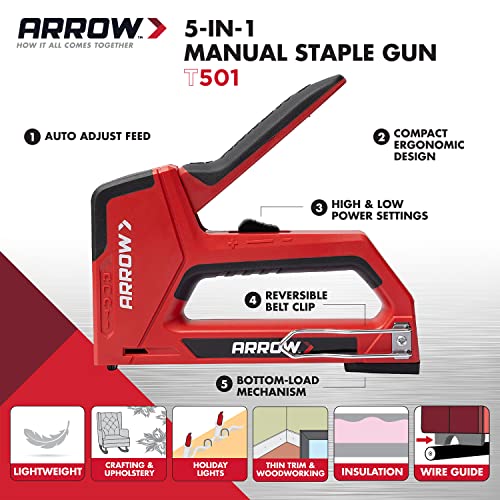 Arrow T501 5-in-1 Manual Staple and Nail Gun, Wire Stapler, and Brad Nailer for Wood, Upholstery, Construction, Insulation, Crafts, Fencing, and Cable, Black/Red - size: (Pack of 1)