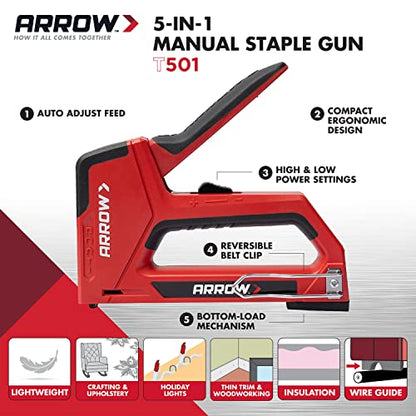 Arrow T501 5-in-1 Manual Staple and Nail Gun, Wire Stapler, and Brad Nailer for Wood, Upholstery, Construction, Insulation, Crafts, Fencing, and Cable, Black/Red - size: (Pack of 1)
