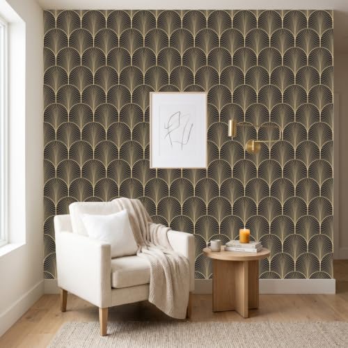 Peel and Stick Wallpaper, Black and Gold Art Deco Fan Pattern, 236in x 17.7in, Waterproof Vinyl, Removable Reusable, Eco-Friendly, for Bedroom Living Room Rental Apartment - color: Dark1, size: 17.7" x 236.2"