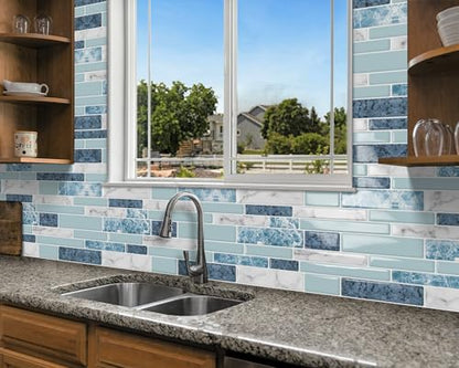 DEWOO Peel and Stick Backsplash 3D Self Adhesive Wall Tile Blue 10 Sheet - color: Marble Blue