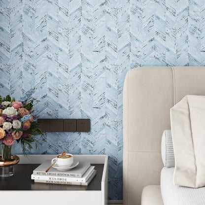 Livelynine Blue Fabric Wallpaper Peel and Stick Prepasted Herringbone Faux Grasschloth Wall Paper for Bathroom Bedroom Waterproof Contact Paper for Walls 15.8x78.8 Cabinet Vinyl Wrap Grey White - size: 15.8" x 78.8"
