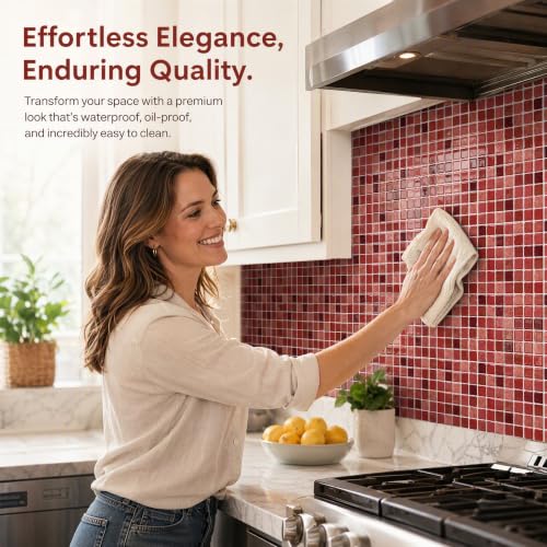 3D Mosaic Peel and Stick DIY Wall Backsplash Tiles (24, Burgundy) - color: Burgundy