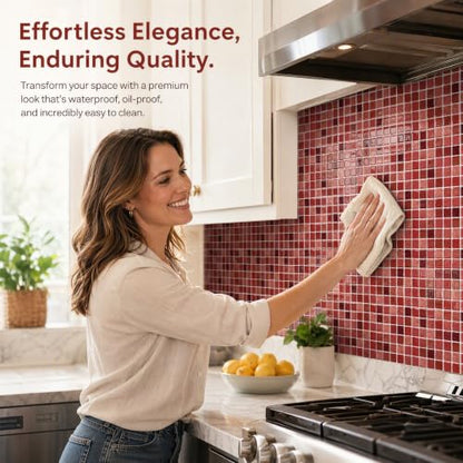 3D Mosaic Peel and Stick DIY Wall Backsplash Tiles (24, Burgundy) - color: Burgundy