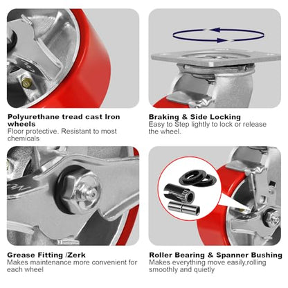 5"X 2" Heavy Duty Caster Wheels, Swivel Casters Set of 4 Polyurethane Wheel with Strong Load-Bearing Capacity 4000lbs, Industrial Casters for Toolbox Workbench (2 Brakes & 2 Rigid) - style: 5'' Wheel