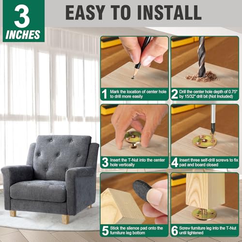 FoDau770 Square Furniture Legs 3 Inch, Ash Wood Legs with 5/16"-18 Bolts - size: 3 Inch
