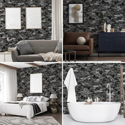 Peel and Stick 3D Foam Stone Wall Panels, Self Adhesive Wallpaper - color: Black Rock, size: 20 PACK