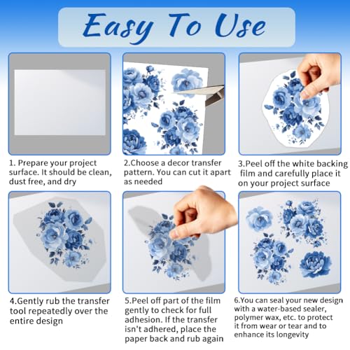 12 Sheets Blue Floral Rub on Transfers for Crafts Blue Rose Clings Window Stickers for Glass Scrapbooking Journals Planners for Home Office Decor - style: Peonies in Blue