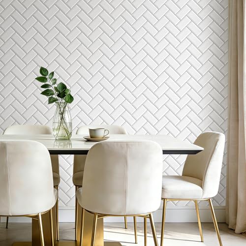 FunStick 17.5"x354" Herringbone White Wallpaper Peel and Stick Kitchen Backsplash Wallpaper Tile Contact Paper for Countertops Self Adhesive Vinyl Wall Paper Roll for Kitchen Bathroom Walls Waterproof - size: 17.5 x 354 Inches